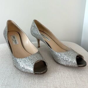 Jimmy Choo Isabel Champagne Glitter Peep Toe Heels size 38